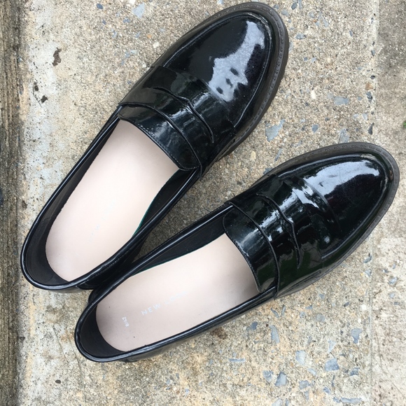 new look black patent loafers